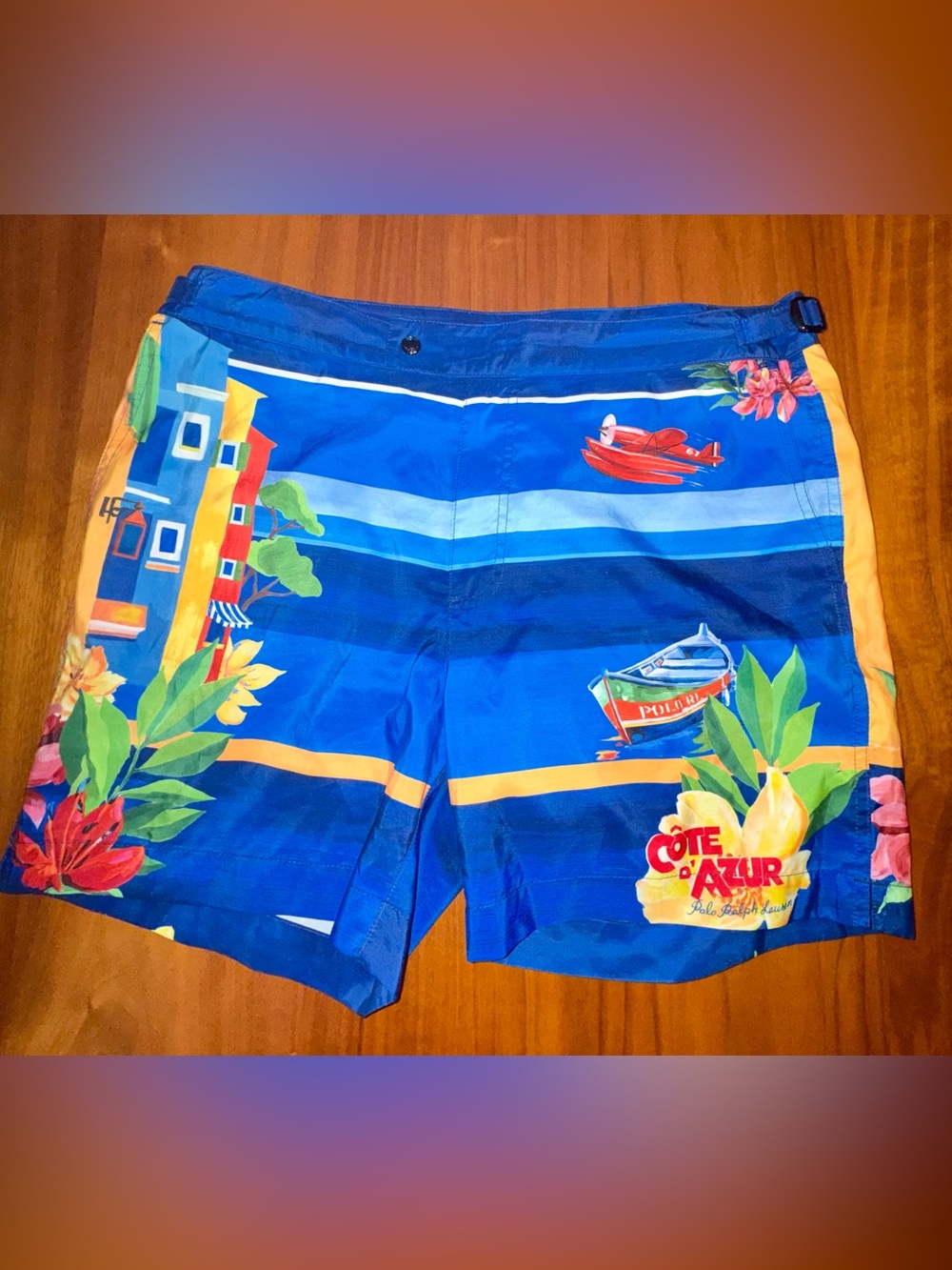 Polo by Ralph Lauren Blue Riviera Mediterranean Coast Print Swim Trunks, Size 34
